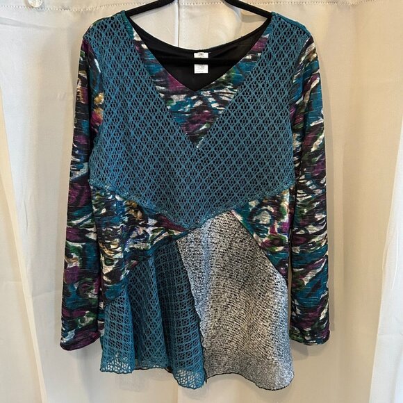 THis That Mixed Media Top 2XL Wool Blend Art Boho Abstract Patchwork Lace 17534 - Picture 2 of 9